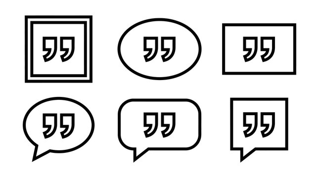 Black outline quote mark speech bubbles and frames icon set with communication