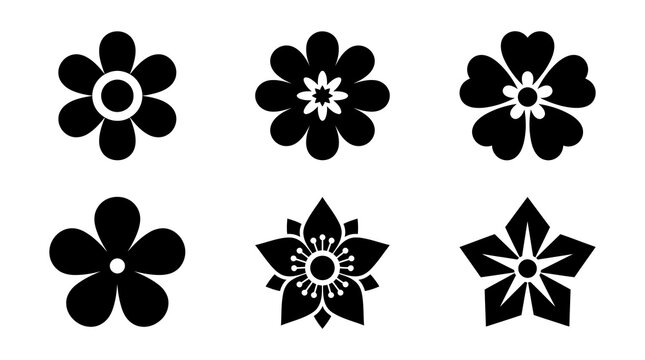 Stylized black flower icons set on white background with diverse petal shapes
