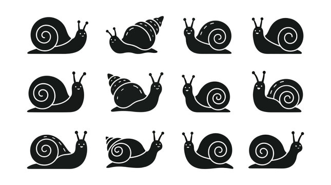 Set of twelve snail silhouette icons with shells and antennae, silhouette