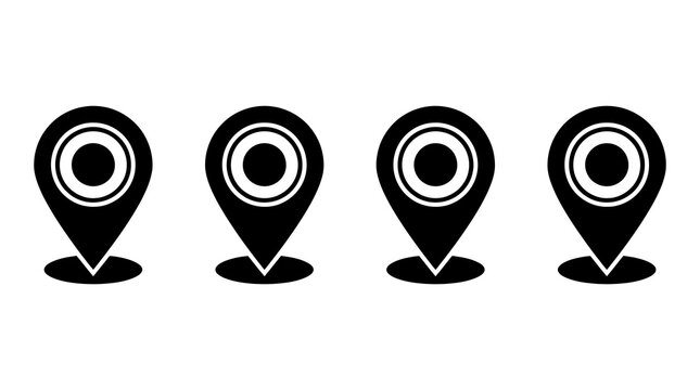 Four black location pin icons with location coordinates navigation position