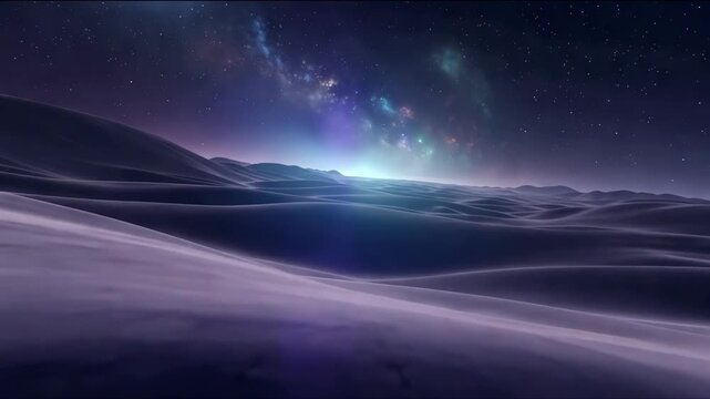 Surreal alien desert landscape under a vibrant starry nebula sky