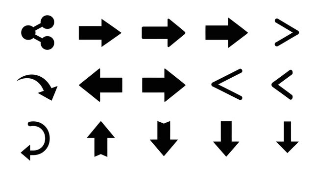 Collection of various black arrow and direction icons for navigation