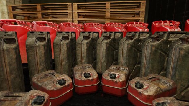 Old and new fuel canisters arranged in rows on a wooden pallet background