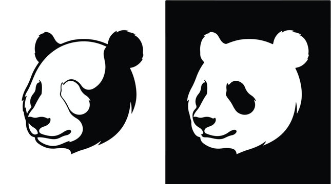 Black and white panda bear head illustrations on split backgrounds