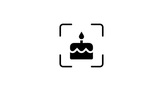Animated birthday cake icon inside scanning frame with digital progress bar for mobile application user interface design.