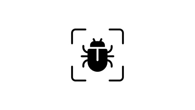 Computer virus detection animation showing scanning process of malware icon with green laser beam.