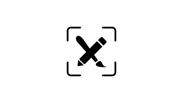 Animation of digital scanner moving over drawing tools icons including pencil and brush representing graphic design software.