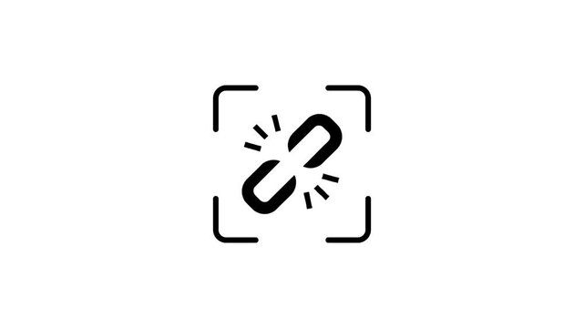Broken link scanning animation with a green laser scanning across the broken chain icon in a security camera frame on a white background.