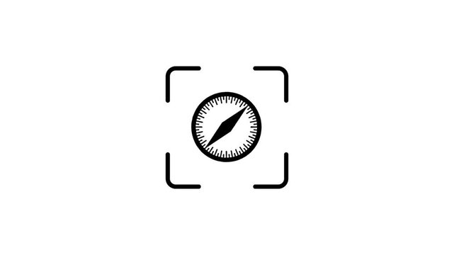Abstract digital scanning animation of compass symbol inside viewfinder target with green laser beam motion.
