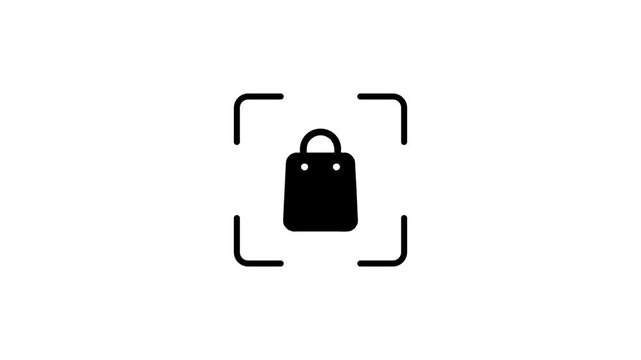 Shopping bag icon being scanned by digital green laser light sensor in flat graphic animation.