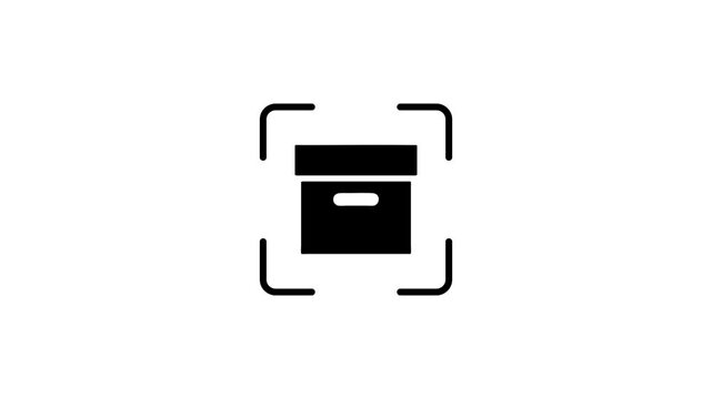 Animated scanning process of cardboard delivery package icon on white background.