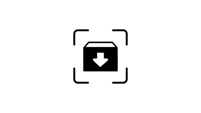 A dynamic animation of a digital scanner reading a box with a down arrow, symbolizing a download or incoming data within a technological interface.