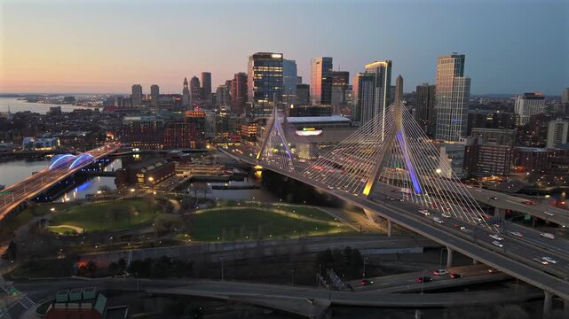 Boston morning commute traffic on Zakim Bridge before sunrise