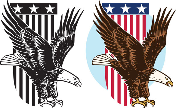 A vintage retro illustration of an American bald eagle in front of a stars and stripes flag banner. 