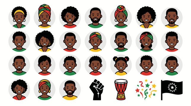 Juneteenth Celebration: Diverse African American People Icons