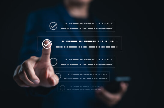 Online assessment and survey concept. Person selecting virtual digital checklist, symbolizing online test, exam, quiz, questionnaire, feedback form, data collection, evaluation, and decision process.