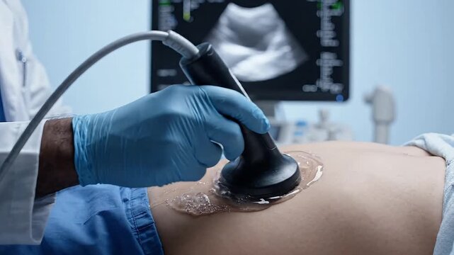 Medical ultrasound, sonogram scan, doctor in blue gloves, abdominal examination, healthcare professional