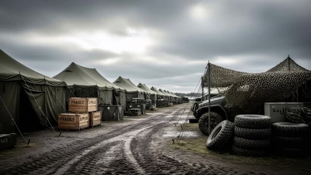Military base camp with supply crates, tents, jeep, and tire stacks on dirt road under cloudy sky