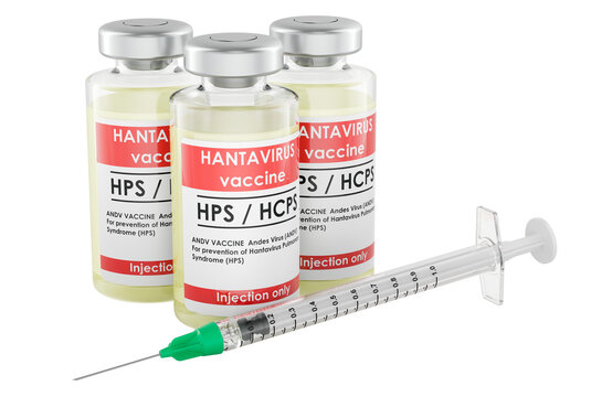 Three hantavirus vaccine vials with syringe representing immunization and disease prevention, 3d rendering