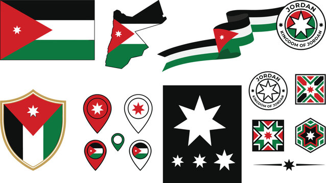 Official Qatar National Flag and Map Graphic Set with State Coat of Arms Waving Republic Ribbon Shield Emblem and Location Pins Vector Illustration