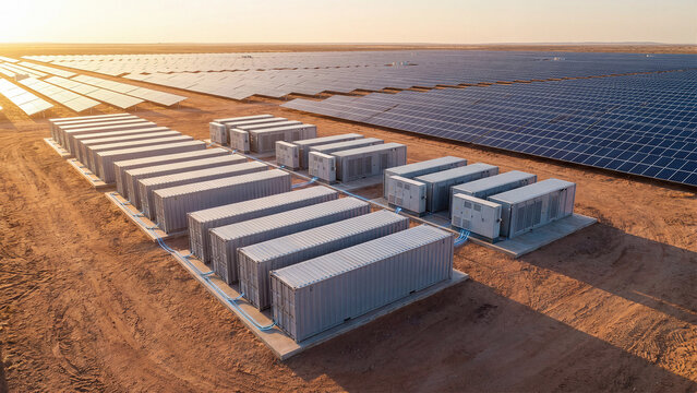 Aerial view of solar battery storage containers beside vast photovoltaic farm in desert, renewable energy infrastructure background for clean power grid and sustainable technology projects