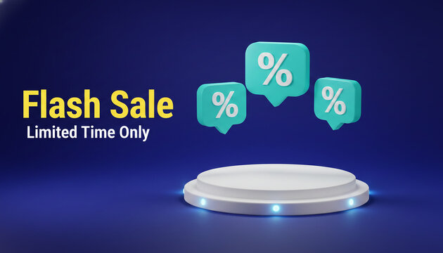 3D rendering of a white podium with glowing blue lights, featuring percentage icons in speech bubbles, representing a flash sale and limited-time offer, ideal for promotions.