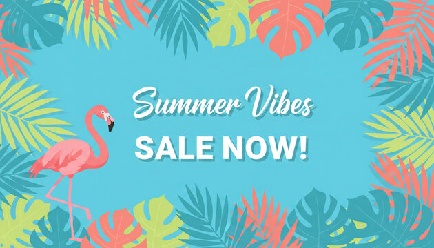 Pink flamingo and tropical leaves on a blue background, symbolizing summer sale and vacation. Free space for text.