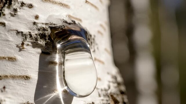 Close up of clear sap dripping from a birch tree trunk.