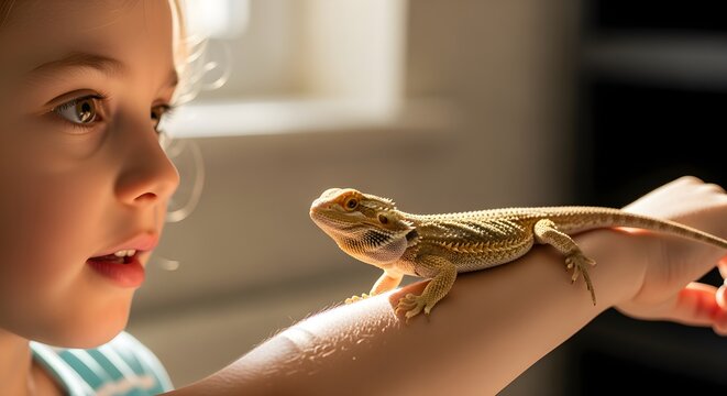 A child's fascinated face as a bearded dragon lizard walks calmly on their arm.