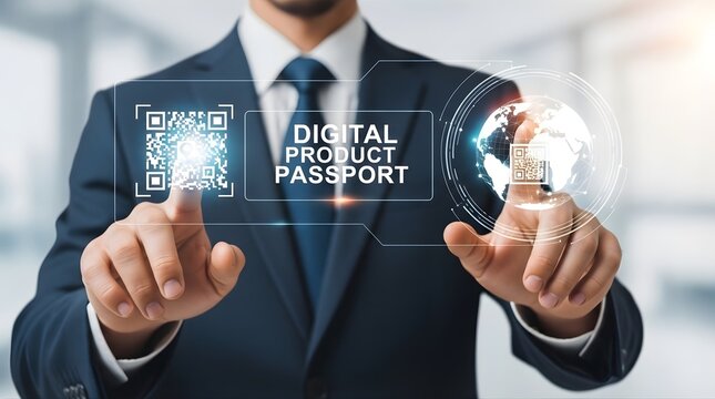 Professional executive using interactive digital product passport interface with scanning qr code and rotating world globe hologram for international logistics and manufacturing quality assurance