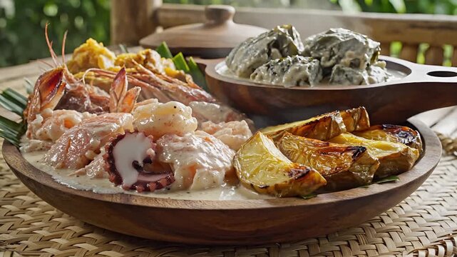Delicious Seafood Platter with Roasted Vegetables and Creamy Sauce.