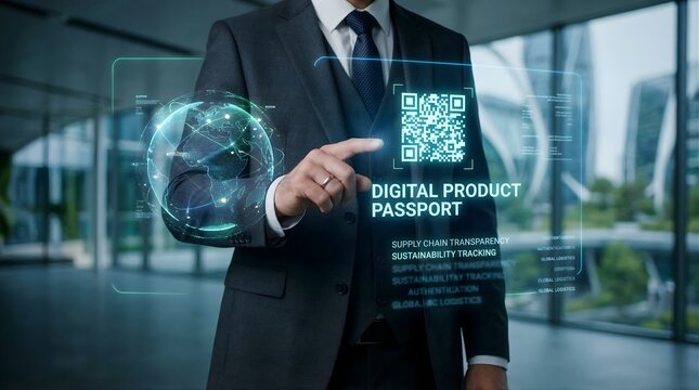 Businessman interacting with digital product passport hologram showcasing global supply chain transparency and sustainability tracking features in modern corporate office environment with glass walls
