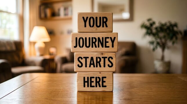 Wooden blocks stacked with text &ldquo;your journey starts here&rdquo; on a wooden table in bright, airy living room, symbolizing new beginnings and personal growth