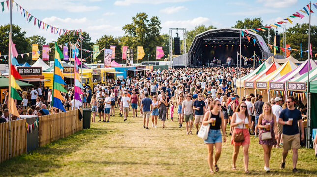 Crowd Enjoys Outdoor Festival With Food Trucks and Live Music in Summer