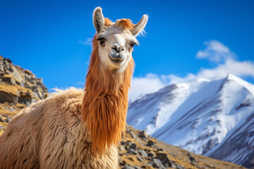 Fototapeta premium Alpaca close portrait mountains background bright sky travel animal scenic