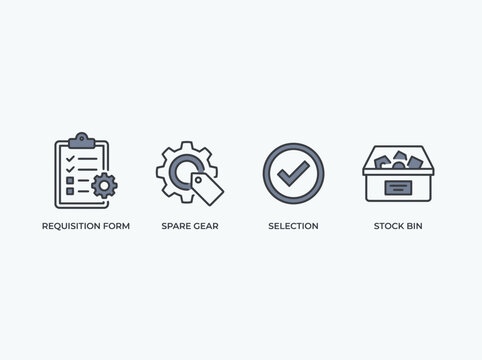 Industrial Process Icons: Requisition, Gear, Selection, Stock