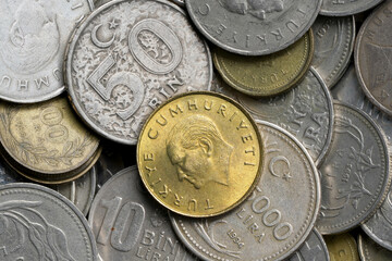 Naklejka premium Close-Up mixed Coins Collection with Golden Turkish Coin 