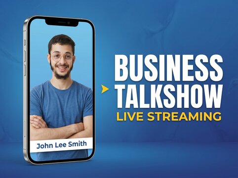 Business talkshow live streaming on smartphone, mobile podcast interview, online broadcasting, digital media