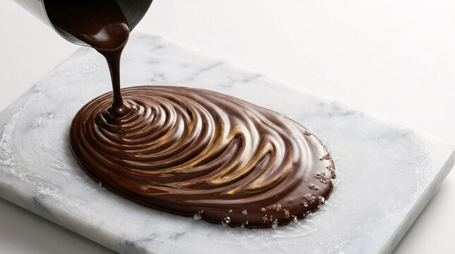 Liquid chocolate pouring from pitcher onto marble slab with sea salt