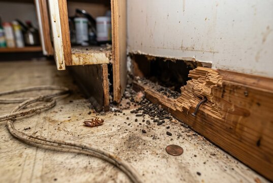 Chewed wooden baseboard and accumulated rodent droppings revealing severe pest infestation damage in a residential floor corner.