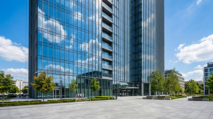 Obraz premium Modern glass office building facade in urban square reflecting blue sky and clouds.