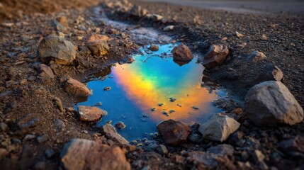 Obraz premium Rainbow in a Puddle: Witness the captivating dance of light and color as a radiant rainbow finds its mirror image in a simple puddle, a breathtaking display of nature's beauty and wonder.