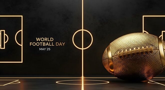 Golden football on black background with neon outlines