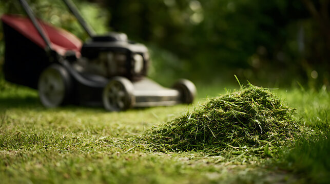 Freshly cut green grass pile on a lush lawn with blurred lawnmower in background, depicting spring yard work and garden maintenance