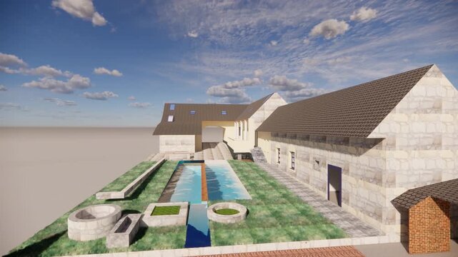 A 3D rendering of a modern house with a swimming pool and garden on a sunny day with blue sky and clouds.