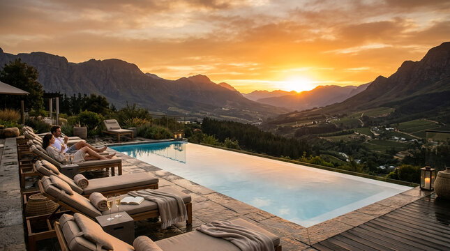 Couple relaxing poolside at luxury mountain resort during golden hour sunset