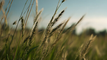 Fototapeta premium Golden grain stalks stand tall against a soft blue sky, bathed in warm sunlight, evoking a tranquil and natural outdoor setting at dusk or dawn