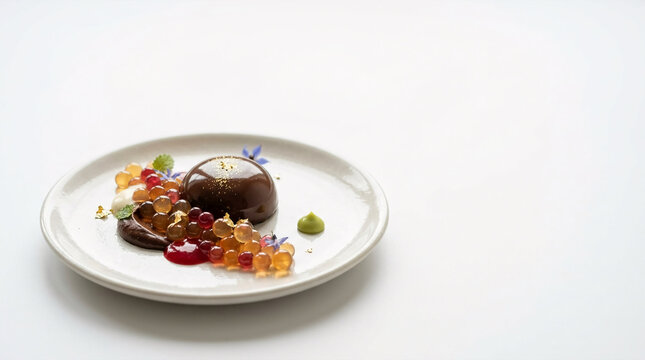 Gourmet chocolate dome dessert with fruit pearls and edible gold flakes