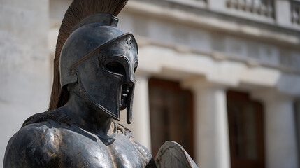 Fototapeta premium Ancient warrior statue with helmet and shield, a symbol of strength and protection, historical artistry in a classic architectural setting
