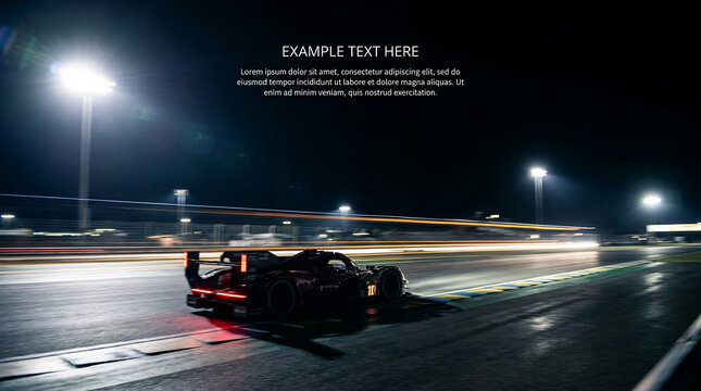 Prototype racing car speeding down wet track at night with light trails